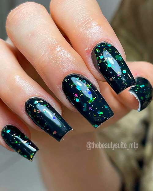 Long Coffin Shining Black Nails 2022 with Confetti Glitter