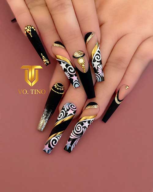 Long Matte Coffin Black Nails with Gold Glitter and Rhinestones