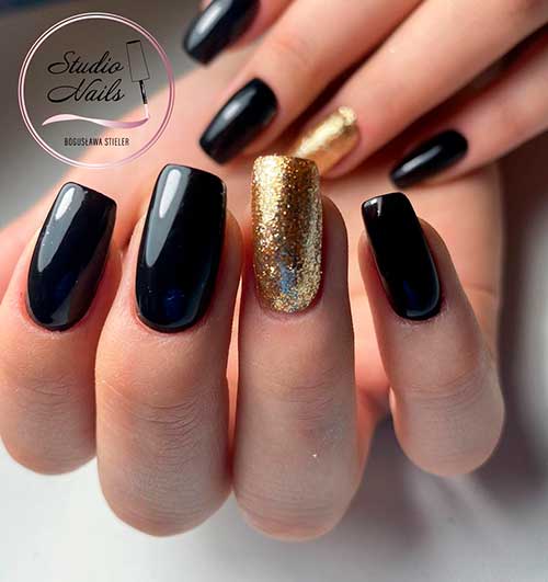 Long Square Black Nails with Accent Gold Glitter Nail Design