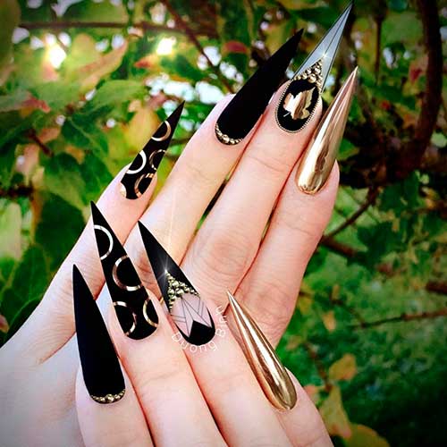 Long Stiletto Matte Black and Mirror Gold Nail Design