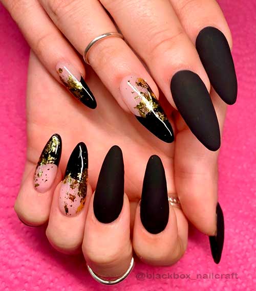 Matte Black Nails with Gold Leaf Almond Matte Black Nails with Gold Leaf and Two Accents Black and Nude Nails