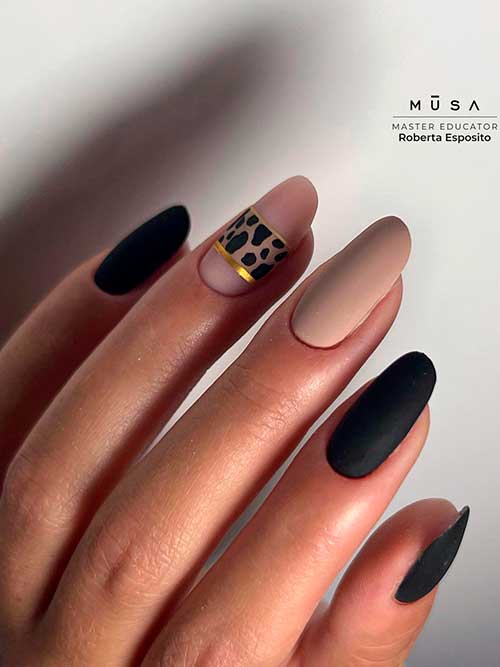 Matte Black Nails with Nude Accents Matte Black Nails 2022 with Nude Accents, Gold Strips with Leopard Prints