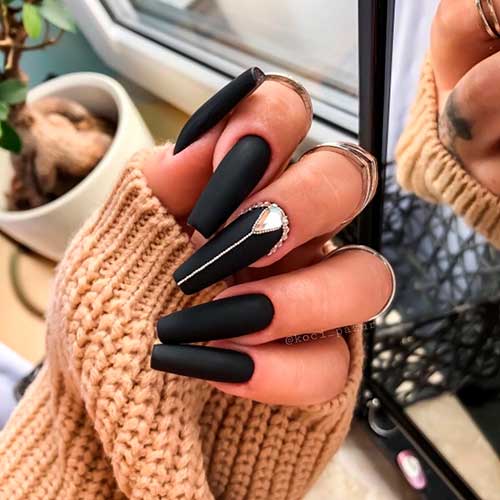 Long Coffin Matte Black Nails with Rhinestones on Accent Nail