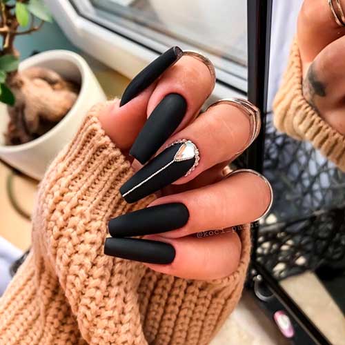 Matte Black Nails with Rhinestones Long Coffin Matte Black Nails with Rhinestones on Accent Nail