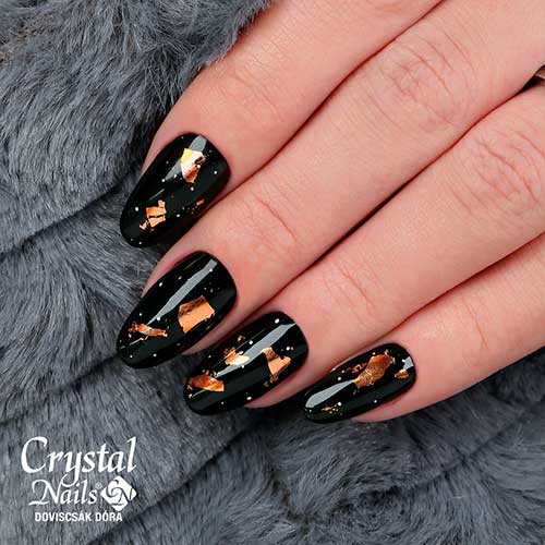 Medium Glossy Round Black Nails with Gold Transfer Foils