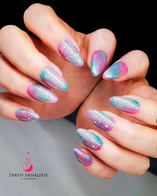 Ombre Galaxy New Years Eve Nails Design Almond Shaped Pink Blue Ombre Galaxy New Years Eve Nails 2022 Design