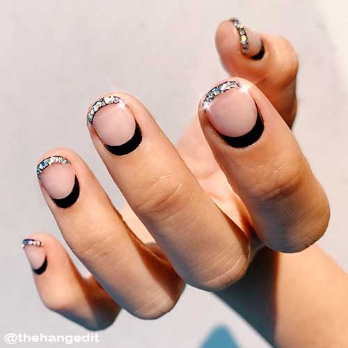 Onyx Glitter New Year Nails Design Short French and Reverse French Glitter New Year Nails 2022 Design