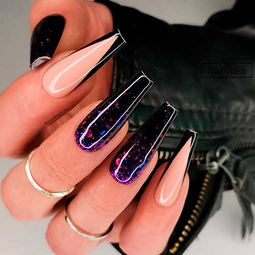 Polygel Coffin Violet and Black Nails 2022 With Two Accents Black French Tip Nails
