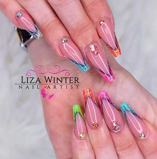 Rainbow Poly Gel V French Tip Nails Design Glitter Rainbow Poly Gel V French Tip Nails 2021 Design with Rhinestones