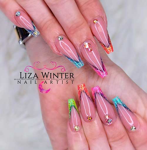 Glitter Rainbow Poly Gel V French Tip Nails 2021 Design with Rhinestones