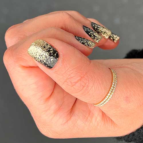Short Nails covered with Black and Gold Glitter Ring It In Color Street Nails Strips for Holiday 2021