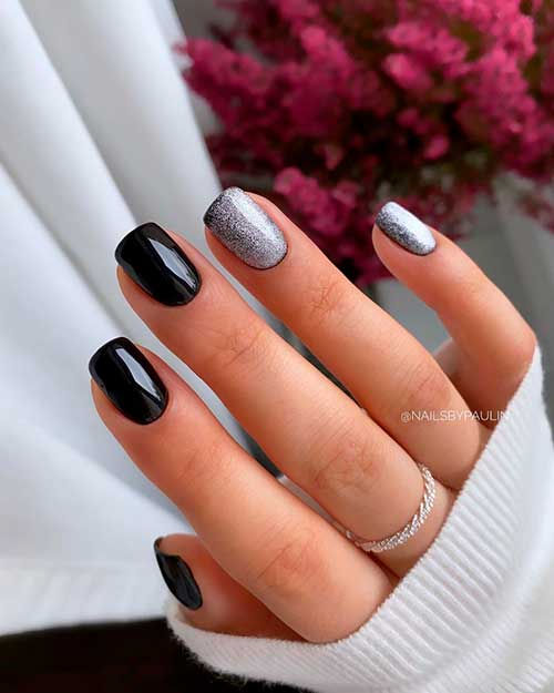 Short Square Shaped Black and Silver Lavender Nail Design
