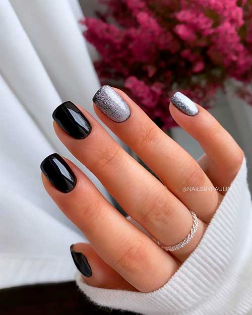 Short Square Shaped Black and Silver Lavender Nail Design Short Square Shaped Black and Silver Lavender Nail Design