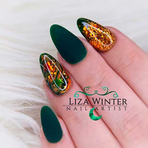 Almond Shaped Glossy and Matte Dark Green Nails Design with Gold Glitter