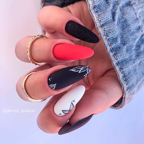 Long Almond Sophisticated Red, White, and Black Nails with Accent Glitter Nail