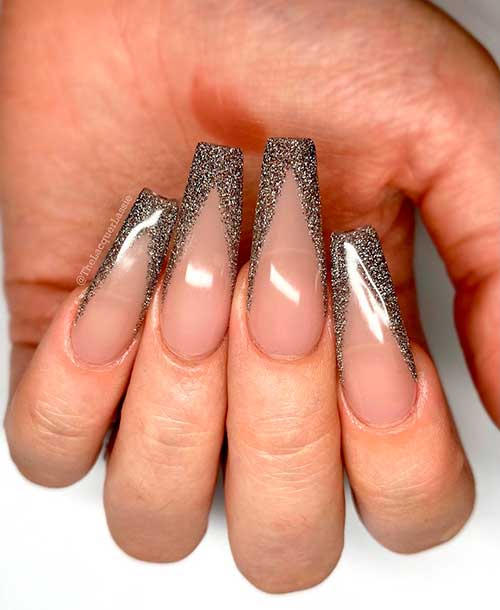 Sparkle gel V French Tip Coffin Nails design Sparkle gel V French Tip Coffin Nails design