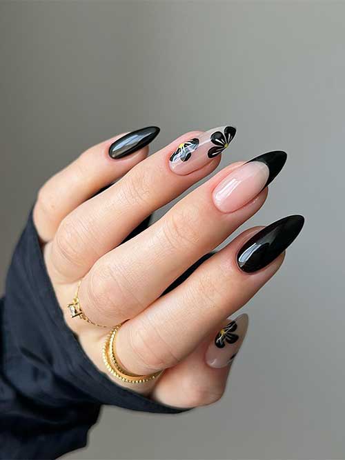 Long Almond Spring Black Nails with Black Flowers on Two Accent Nude Nails In addition to A French Accent Nail
