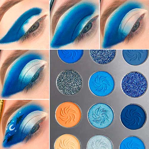 Step by Step Blue Halloween Eye Makeup Look with Space Blue Eyeshadow Palette DE'LANCI