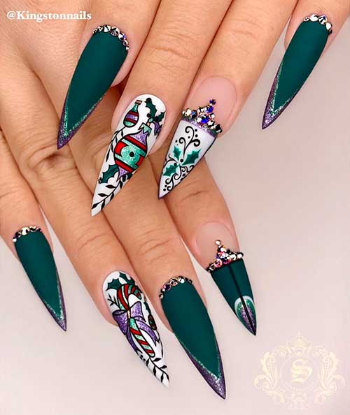 Stiletto Matte Dark Green Christmas Nails Design with Rhinestones and Christmas Themes