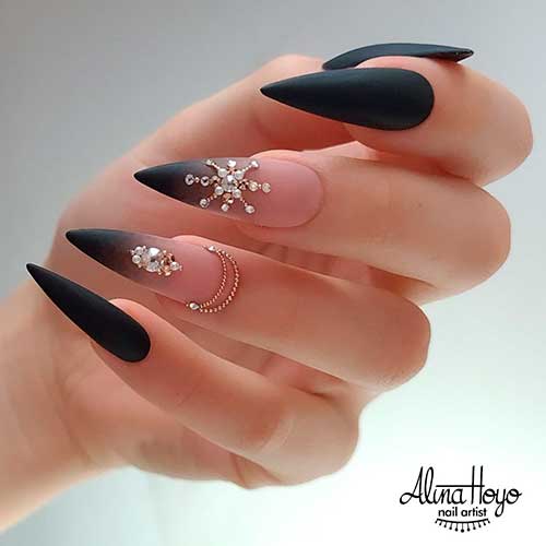 Stiletto Matte Black Nails with Two Accent Black Ombre Nails Adorned With Rhinestones