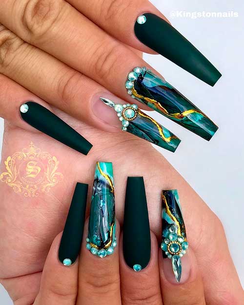Tranquility Long Coffin Matte Dark Green Nails with Rhinestones and Marble Effects