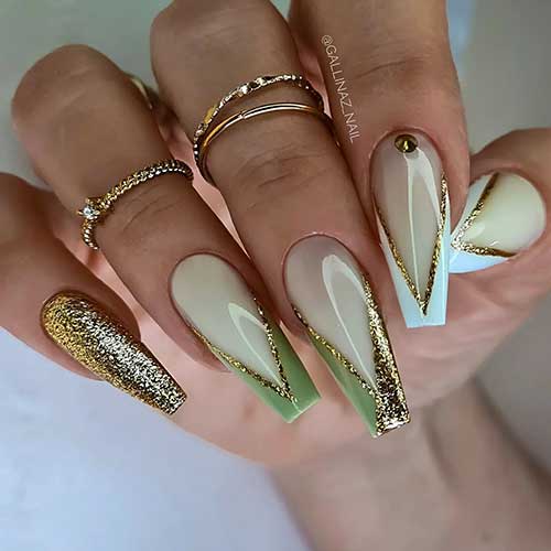 Long White and Green V French Tip Coffin Nails with Gold Glitter and A Rhinestone