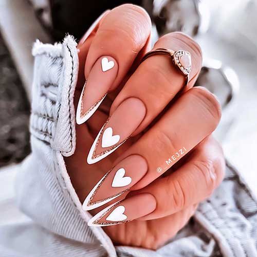 White Heart in Long Almond V White French Tip Nails Design with V Gold Glitter
