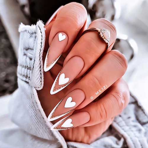 White Heart in V French Tip Nails Design White Heart in Long Almond V White French Tip Nails Design with V Gold Glitter