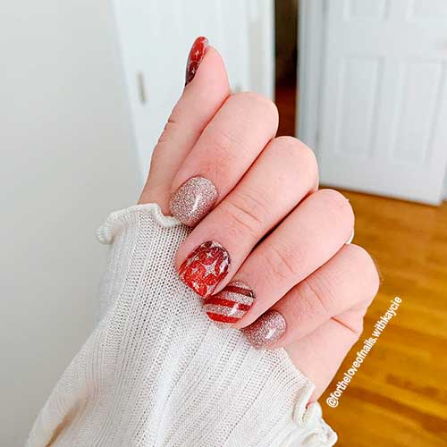 Short Square Wrap It Up Color Street Nails Consists of Gold Glitter, and Red Christmas Nail Art