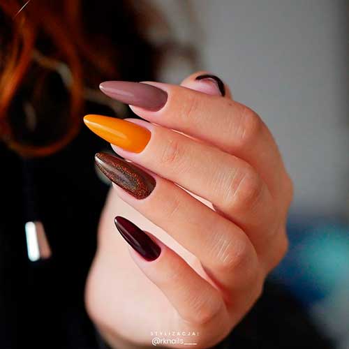 Autumnal Long Almond Different Shades of Brown Nails Design with Accent Burnt Yellow and Holo Brown Accents