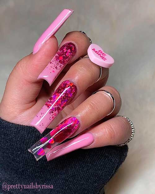 Long Square Pink Valentines Day Nails with Red and Hot Pink Glitter and Accent Clear Nail