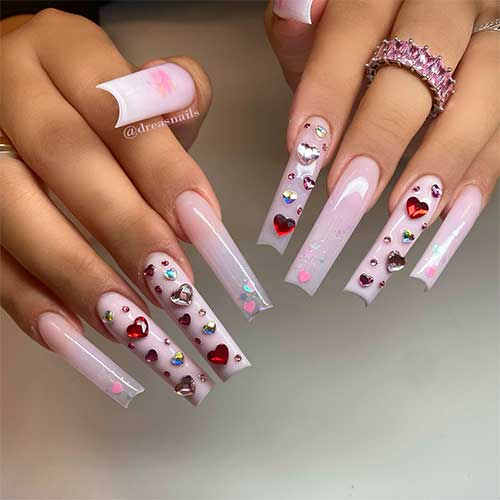 Bling Strawberry Milk Valentines Day Nails Acrylic Long Square Shaped Bling Strawberry Milk Valentines Day Nails Acrylic with Crystal Hearts Bling Nails