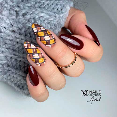 Brown Fall Nails with Autumnal Prints Nail Design Long Almond Brown Fall Nails with Autumnal Prints Nail Design