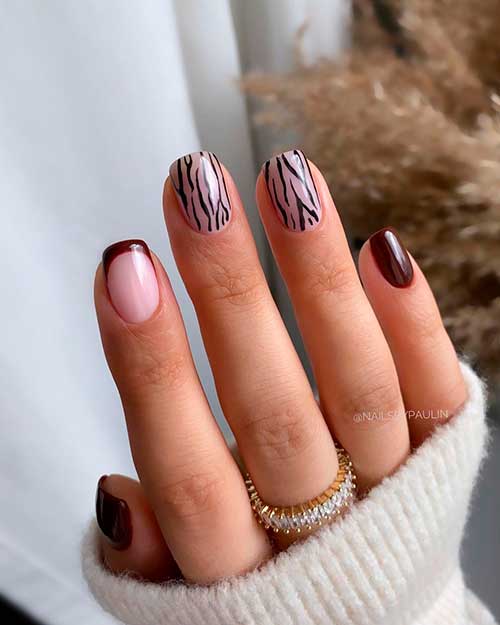 Short Brown Nails and Two Zebra Stripes Accents and French Tip Accent Nail Design