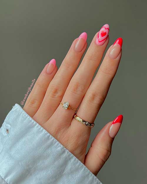 Medium Almond Shaped Pink and Red Valentines Day Nails 2022 Design with Accent Heart Nail