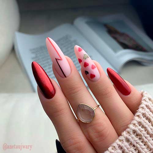 Champagne Red Valentines Nails with Hearts Design Champagne Red Valentines Nails with Red , Black, and Gold Glitter Hearts Design