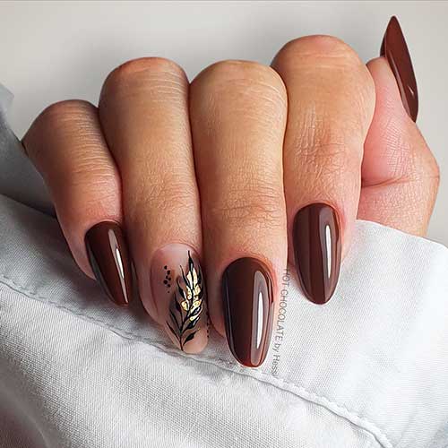 Medium Almond Shaped Chocolate Brown Nails with Gold Leaf Nail Art on Accent Nail