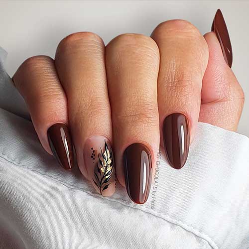 Chocolate Brown Nails with Gold Leaf Nail Art Medium Almond Shaped Chocolate Brown Nails with Gold Leaf Nail Art on Accent Nail