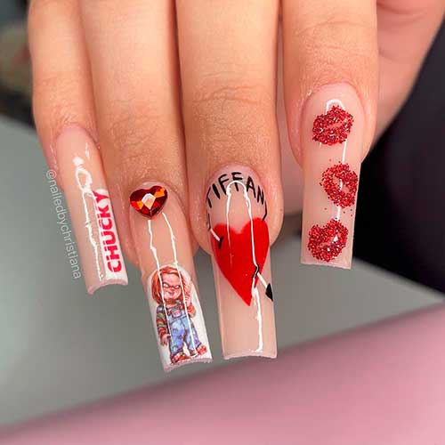 Long Square Shaped Chucky x Tiffany Valentines Nails 2022 with Hearts and Red Kisses