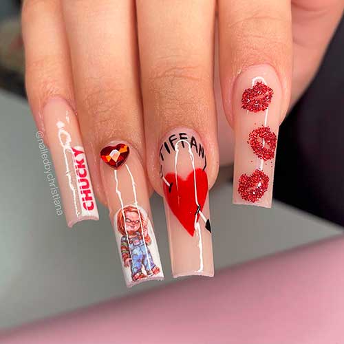 Chucky x Tiffany Valentines Nails Long Square Shaped Chucky x Tiffany Valentines Nails 2022 with Hearts and Red Kisses