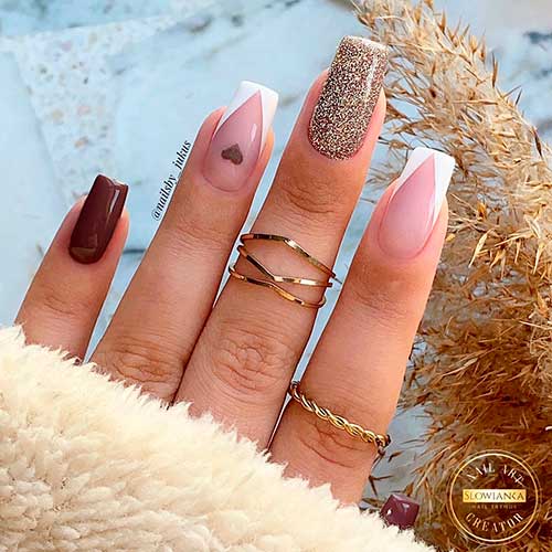 Classy Brown Valentines Day Nails Square Brown Valentines Day Nails Consist of White V French Tip Nails with Heart Shape and Accent Brown Glitter Nail