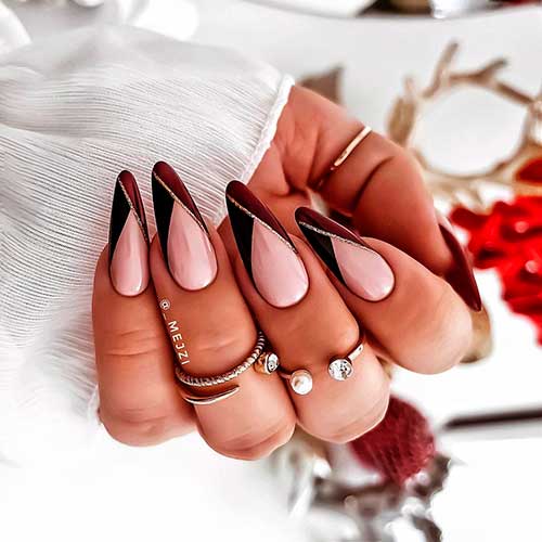 Classy V Brown French Tip Nails Design Almond Shaped Classy V Brown French Tip Nails Design with Glitter Lines