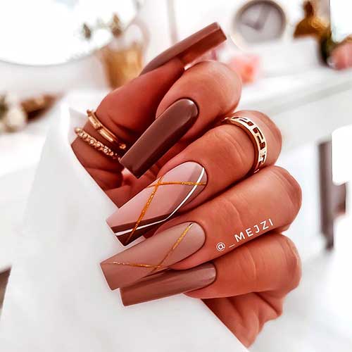 Matte and Glossy Elegant Different Shades of Brown Nails 2022 with Gold Glitter Lines