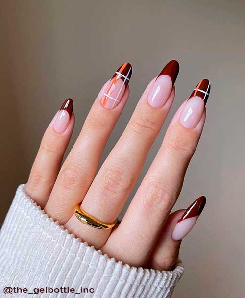French Brown Nails Tips and Lines Nail Art Design