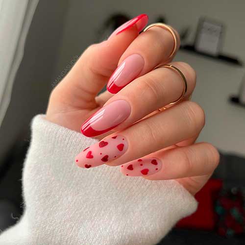 Long Round French Red Valentine's Day Nails with Red Heart Nails On Two Accent Nails