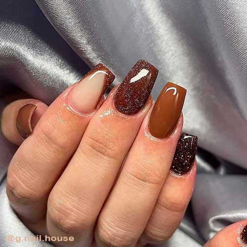Glittery Different Shades of Brown Nails Coffin Shaped with Accent Brown French Nail
