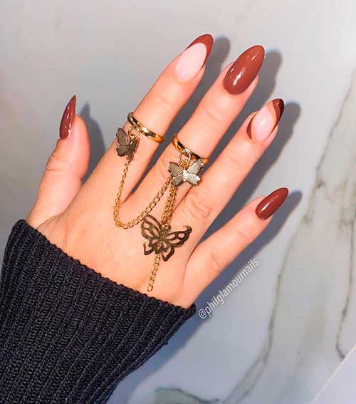 Light Brown Nails with French Tips Design Medium Glossy Almond Light Brown Nails with Two Twisted French Tip Nails Design