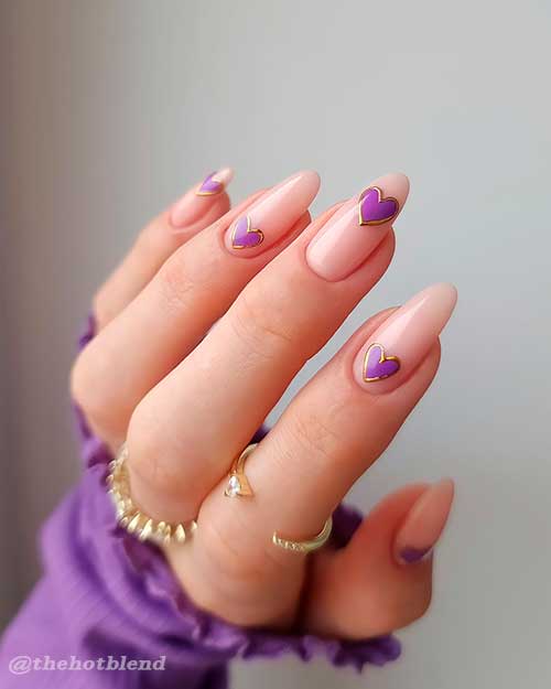 Long Round Lilac Devotion Heart Valentines Nails Over Nude Color Base Design