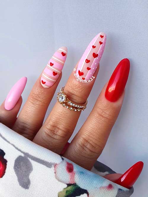 Red and Pink Valentines Nails with Hearts Long Almond Shaped Red and Pink Valentines Nails 2023 with Red Hearts, Polka Dots, and Striped Nail Art