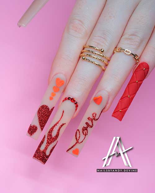 Long Red Valentines Day Nails 2022 with Red Love, Heart, and Fire Glitter on Nude Accents